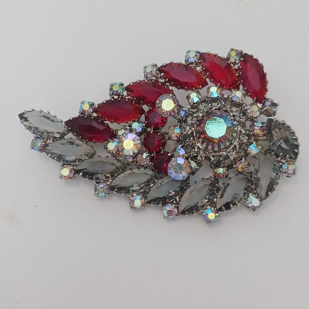 Vintage Aurora Borealis Rhinestone Brooch Silver Tone Iridescent Statement Ruby